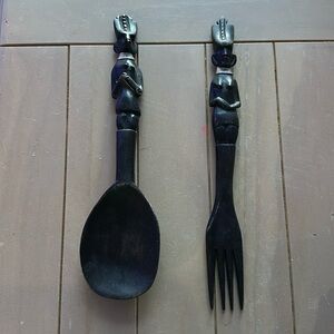 Vintage African salad fork and serving spoon